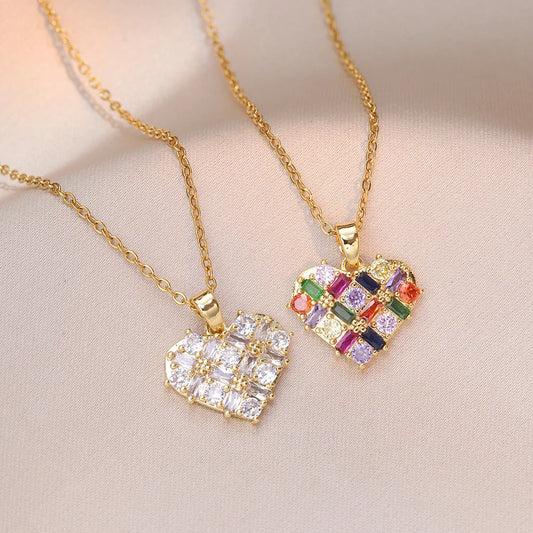 Onna Gold and Clear Zircon Heart Pendant Necklace – Trendy Stainless Steel Chain, Romantic Gift